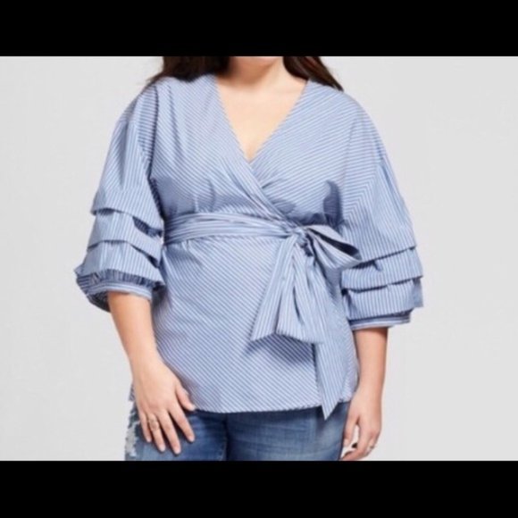 NWT Stripped Ava & Viv 1X Stripe Wrap Blouse New - Picture 2 of 5